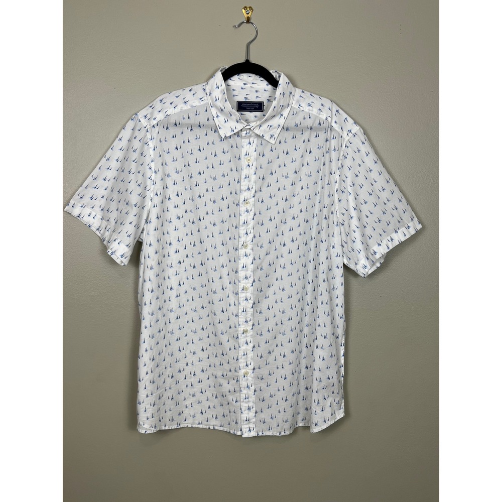 Vineyard Vines Mens White Blue Sailboat Print Short Sleeve Button Down Shirt XL